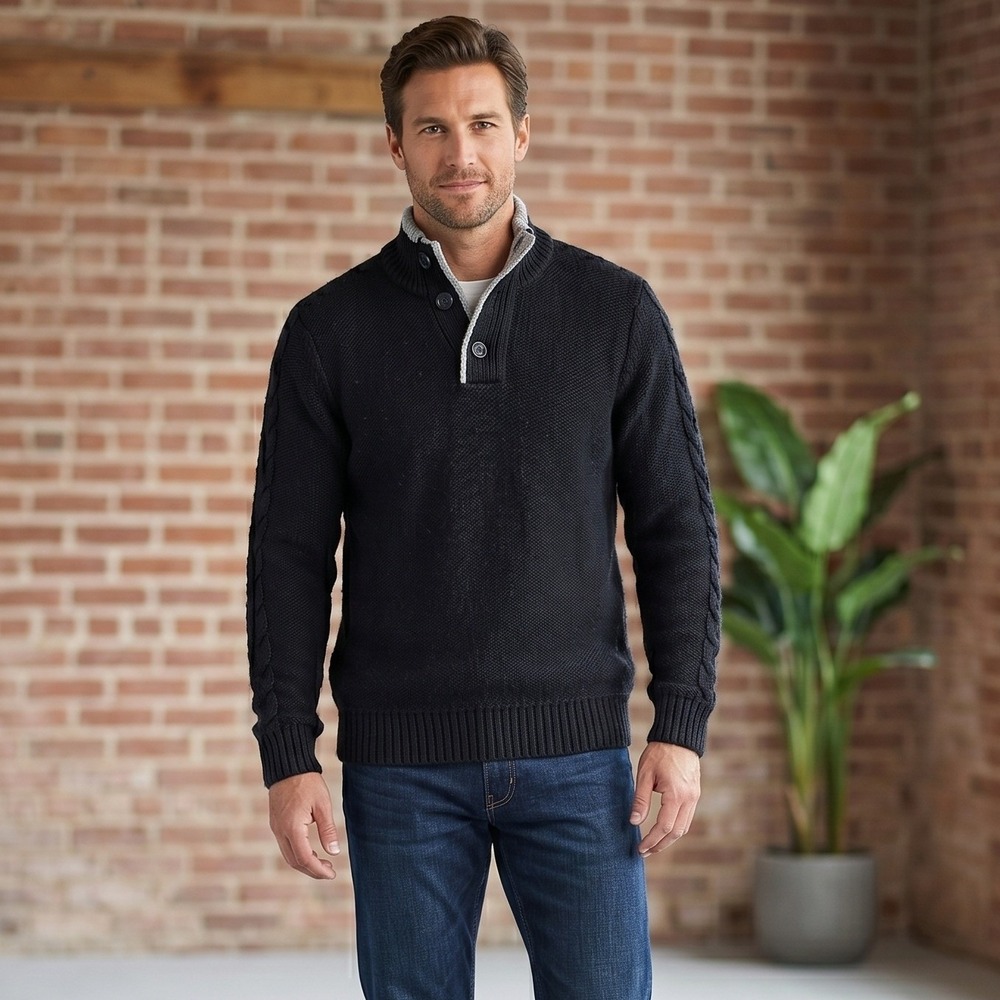 Bleu Ice Mens Small Black‎ Sweater Mock Neck Button Pullover Cable Knit Accent